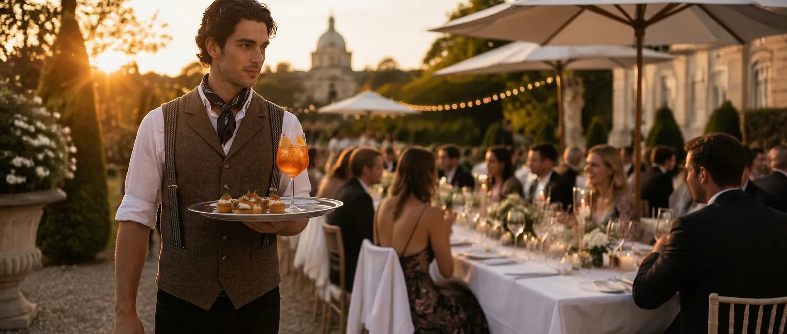 Ein Kellner in Tracht trägt ein Tablett mit kleinen Schmankerl und einem Spritz an eine festlich gedeckte Tafel im Garten